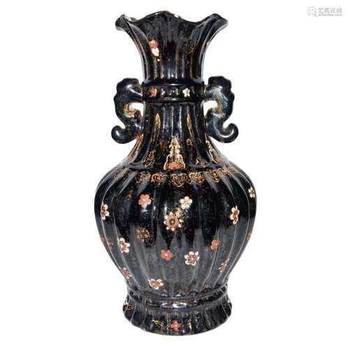 Qing, Qianlong, Famille-Rose Dark Ground Gilt Painted Floral Lobed Vase 清 乾隆 粉彩墨地描金瓜棱花朵纹菊瓣龙耳圈口瓶