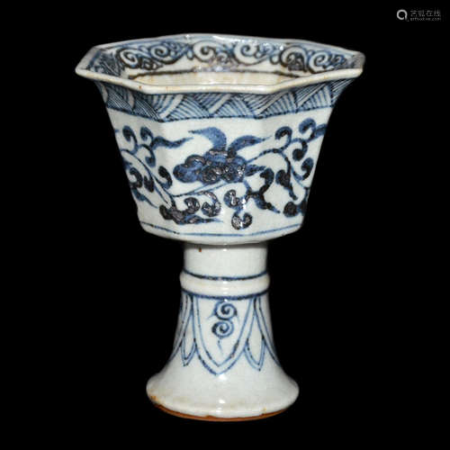 Yuan Dynasty, Blue and White Hexagonal-Facetted Stem Cup with Floral Scroll Motifs and Conforming Mouth Rim 元 青花缠枝花卉纹八棱高足杯