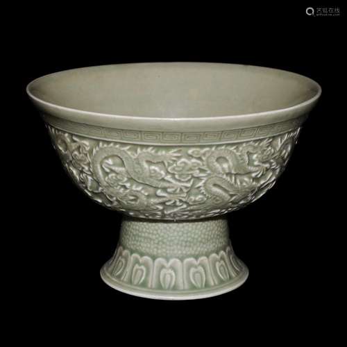 Northern Song, Yaozhou Celadon Carved Eight-Dragon Stem Bowl 北宋 耀州窑青釉刻花八云龙纹高足碗