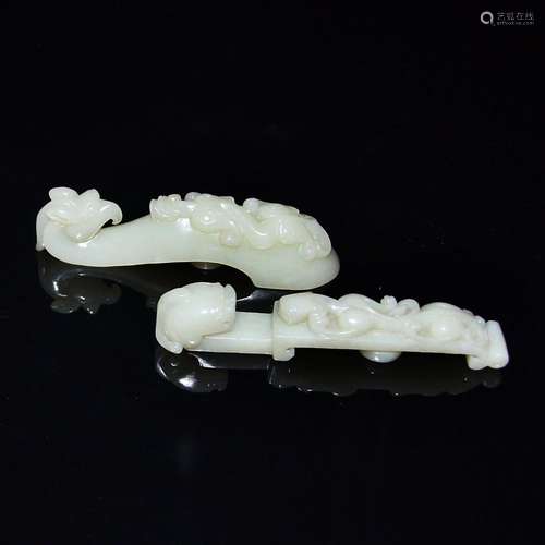 A Set of Two Hetian White Jade Dragon-Phoenix Belt Hooks 和田白玉雕龙凤带钩两件