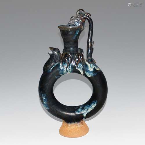 Tang Dynasty, Phosphatic Splashed Dark-Glazed Center-Hollowed Ewer with Dragon Loop Handle and Bird Spout 唐 黑釉斑点鸟流龙把圈形执壶