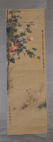 CHINESE PAINTING OF A CAT GAZING AT BUTTERFLIES