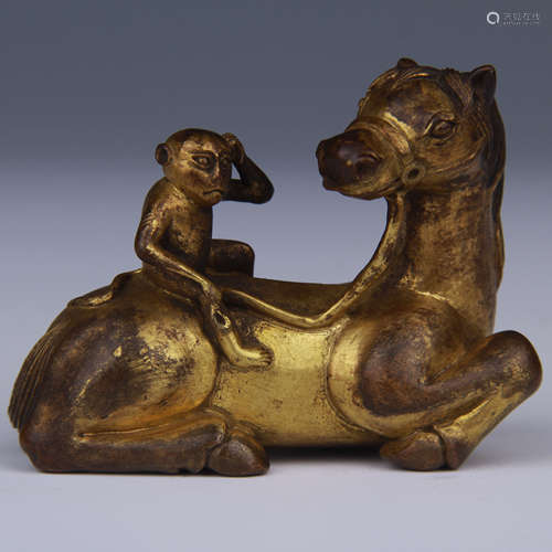 GILT-BRONZE MONKEY & HORSE SCULPTURE