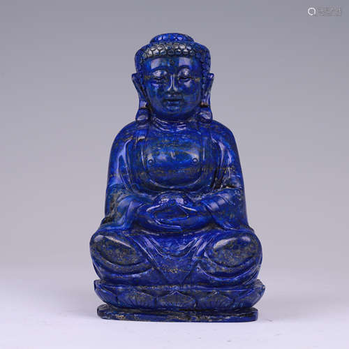 CHINESE CARVED LAPIS LAZULI STONE SEATED BUDDHA STATUE