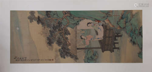 CHINESE PAINTING OF TWO BEAUTIES RESTING AT PERGOLA