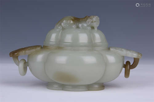 CHINESE CARVED CELADON JADE LIDDED JAR