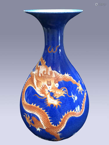 RED CARP & DRAGON OVER COBALT BLUE VASE WITH YONGZHENG SEAL MARK