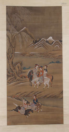 CHINESE PAINTING OF BEAUTIES HORSE RIDING