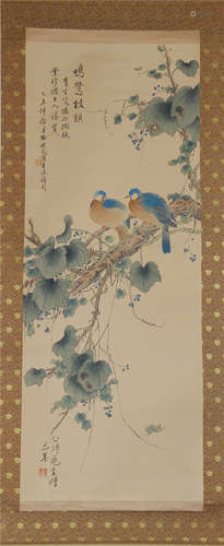 CHINESE INK AND COLOR PAINTING OF  PERCHED BIRDS ON THE TREE