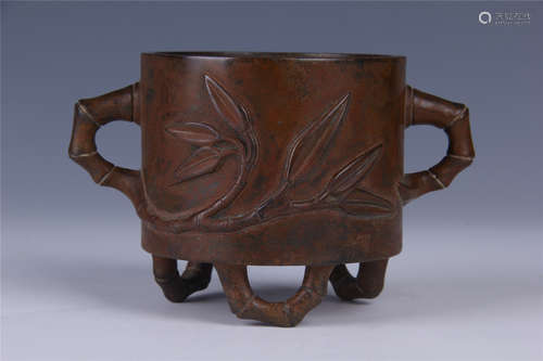 CHINESE BRONZE BAMBOO MOTIF TRIPOD CENSER