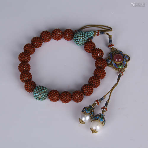 CHINESE CORAL & PEARL PRAYER BEADS BRACELET