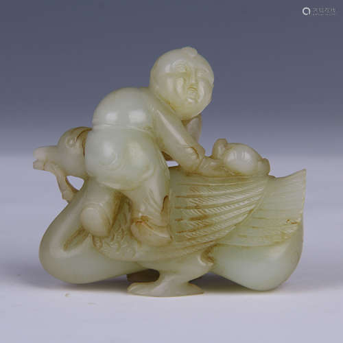 A CHINESE CARVED JADE - 'KID & GOOSE'