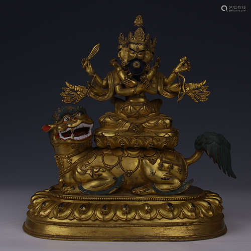 RIDING LION VAISHRAVANA GILT BRONZE BUDDHA STATUE