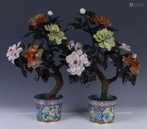 PAIR OF GILDING BRONZE CLOISONNE PEONY MINIASCAPES