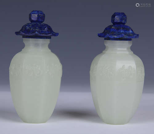 PAIR OF CARVED JADE BOTTLES WITH LAPIS LAZULI LID