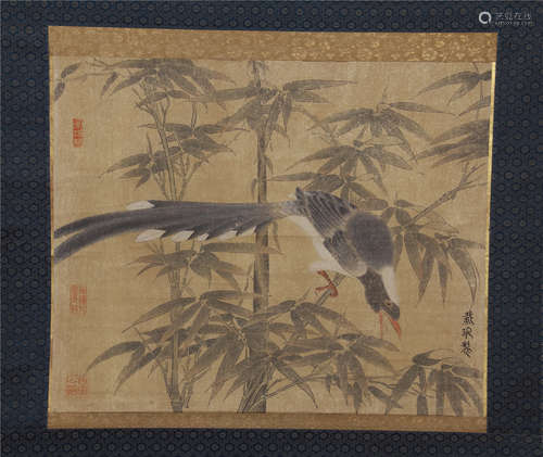 CHINESE PAINTING OF  PERCHED BIRD ON BAMBOO GROVE