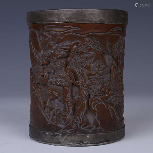 BAMBOO CARVED LANDSCAPE AND CHARACTER BRUSH POT