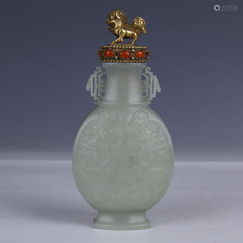 CARVED CELADON JADE VASE WITH GILT LION LID