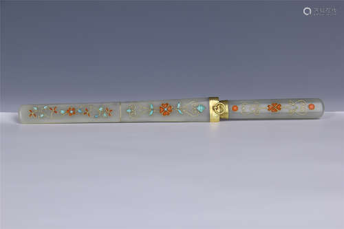 A CARVED JADE  PAPER CUTTER WITH INLAID CORAL & TURQUOISE