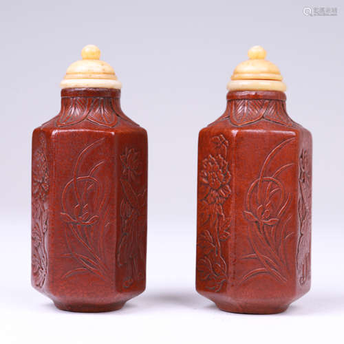 PAIR OF RED PAINTED WOOD SNUFF BOTTLES