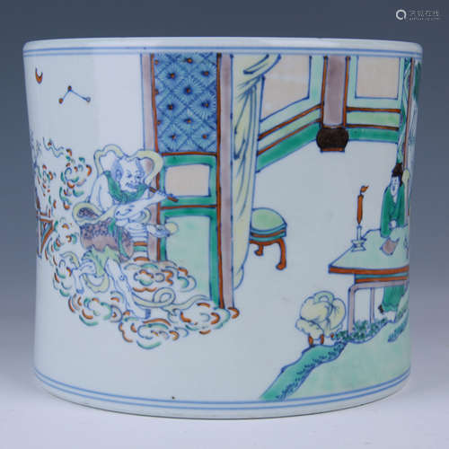 WUCAI PORCELAIN BRUSH POT WITH DARK TALE MOTIF