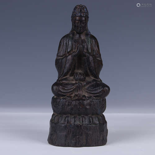 CHINESE ZITAN WOOD CARVED FIGURE OF SEATED GUANYIN