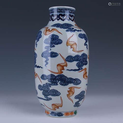 BLUE AND WHITE VASE WITH COPPER RED BATS