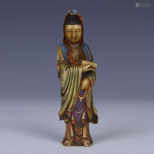 CHINESE  POLYCHROME BONE CARVED FIGURE OF GUANYIN