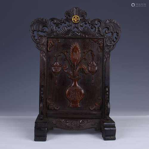 ROSEWOOD TABLE SCREEN WITH POEM INSCRIPTION