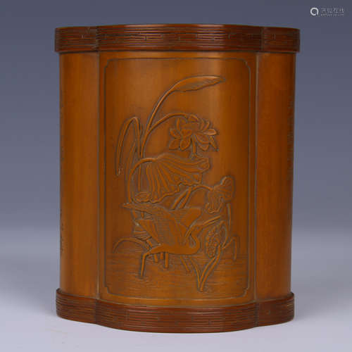 MELON SHAPE BAMBOO CARVED BRUSH POT