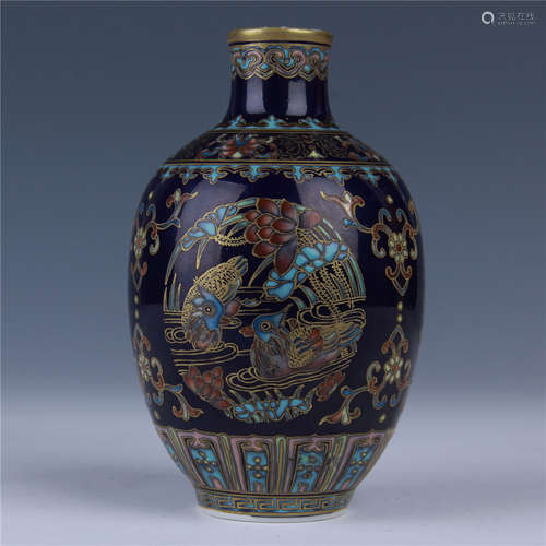 CHINESE BLUE GLAZED GILT ENAMEL VASE WITH MANDARIN DUCKS MOTIF