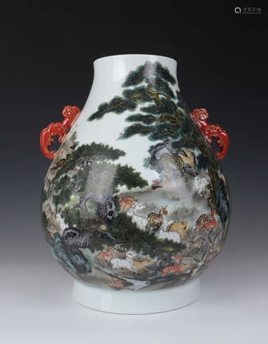 CHINESE FAMILLE ROSE HUNDRED DEER ZUN VASE