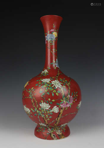 CHINESE CORAL GROUND FAMILLE ROSE VASE