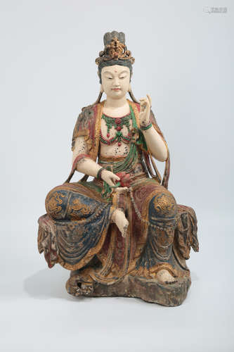 CHINESE POLYCHROME WOODEN FIGURE OF GUANYIN