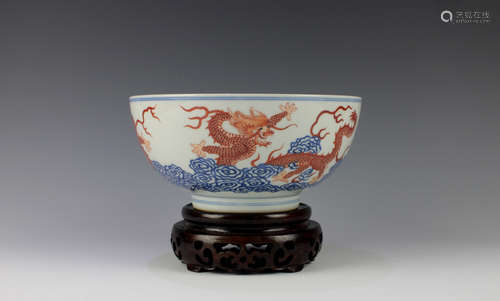 CHINESE BLUE AND WHITE RED DRAGON BOWL