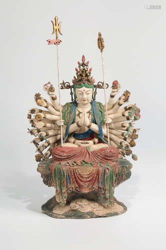 CHINESE POLYCHROME WOODEN FIGURE OF GUANYIN