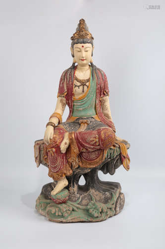 CHINESE POLYCHROME WOODEN FIGURE OF GUANYIN