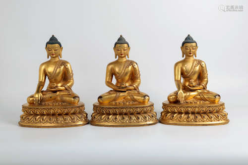 CHINESE SET OF 3 GILT BRONZE SHAKYAMUNI