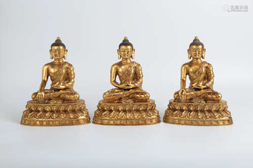 CHINESE SET OF 3 GILT BRONZE SHAKYAMUNI