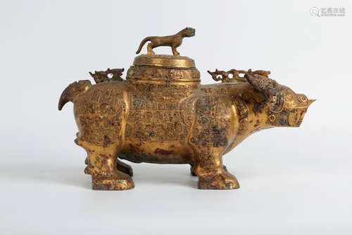 CHINESE GILT BRONZE ARCHAIC STYLE BEAST CENSER