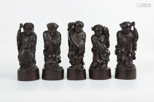 CHINESE GROUP OF 5 HARDWOOD FIGURINES