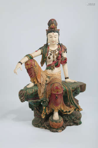 CHINESE POLYCHROME WOODEN FIGURE OF GUANYIN