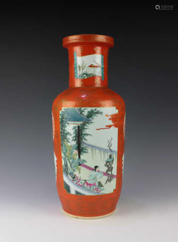 CHINESE CORAL GROUND FAMILLE ROSE ROULEAU VASE