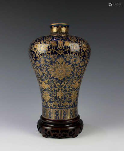 CHINESE GILDED BLUE GROUND MEIPING VASE