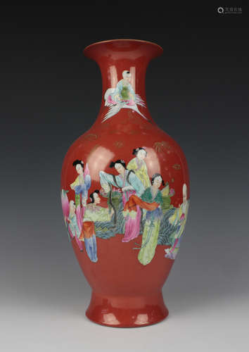 CHINESE CORAL GROUND FAMILLE ROSE VASE