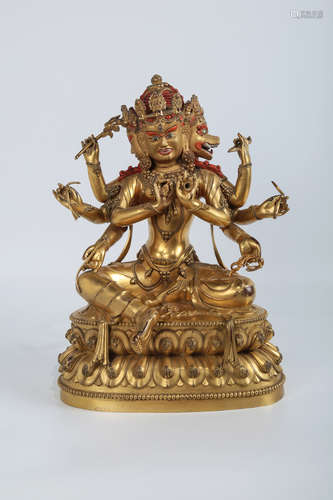 CHINESE TIBETAN GILT BRONZE GUANYIN