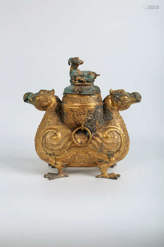 CHINESE GILT BRONZE ARCHAIC STYLE BEAST CENSER