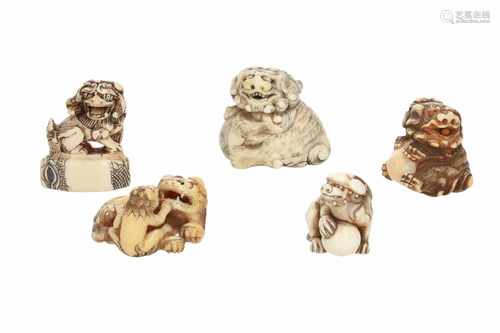 Lot of six netsuke, 1) Ivory reclining Hotei with bag. L. 5,5 cm. 2) Ivory sitting Hotei with bag.