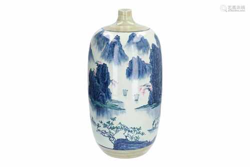 A Doucai porcelain vase, decorated with mountainous river landscape with fisherman and boats.