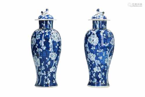 A pair of blue and white porcelain vases, decorated with prunus. Marked with 4-character mark